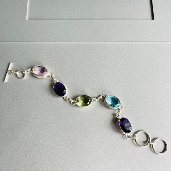 Multi Colored Cubic Zirconia Ornate Oval Link Sterling Silver Toggle Bra… - Picture 2 of 10